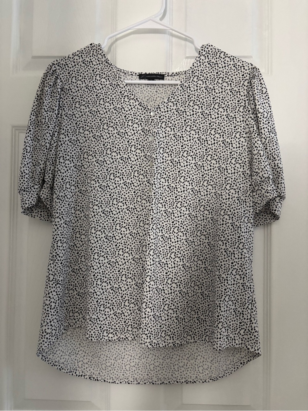 T.J.Maxx White Blouse with Black Dot Print - V-Neck Short Sleeve